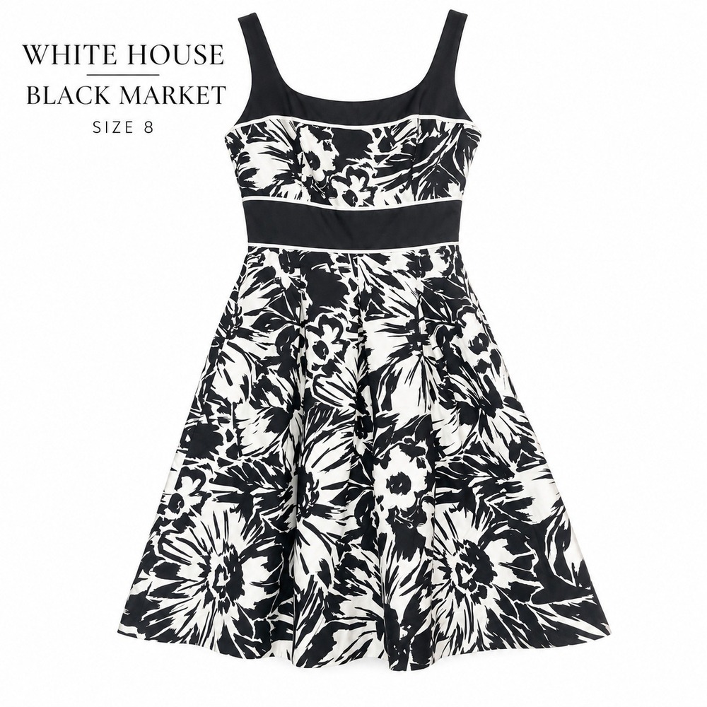 White House Black Market Silk Dress 8 Black White Floral Fit & Flare Sleeveless